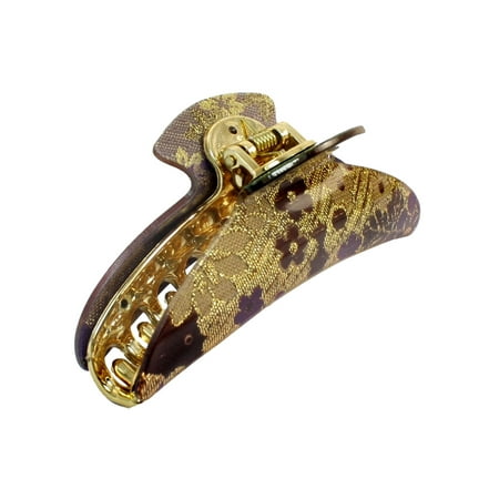 Spring Loaded Plastic Teeth Purple Gold Tone Pattern Hair Claw Clip for Women