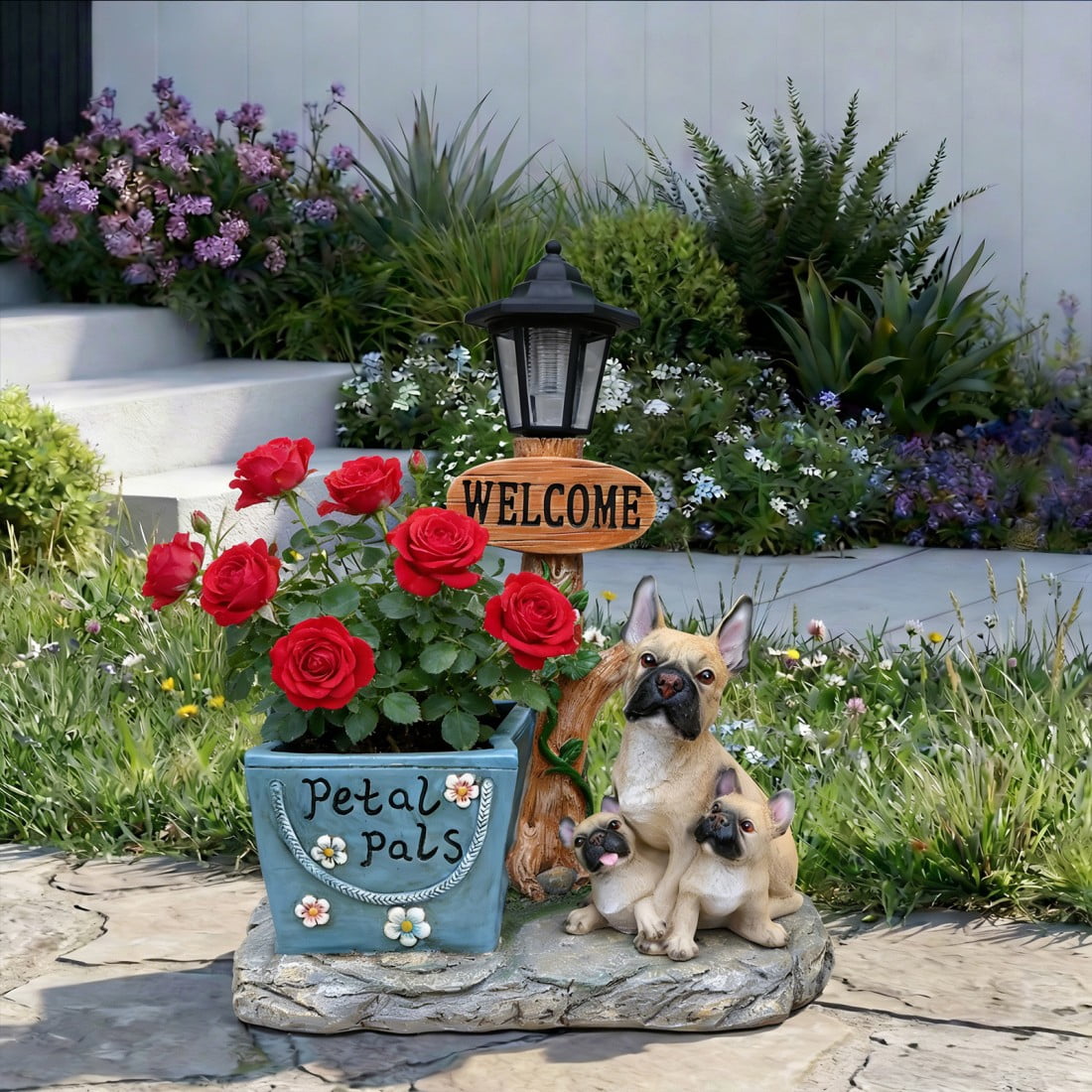 French Bulldog Family Planter Statue Outdoor Resin Garden Decor Dog Sculpture with Built in Flower Pot Decorative Yard Lawn Patio Porch Accent