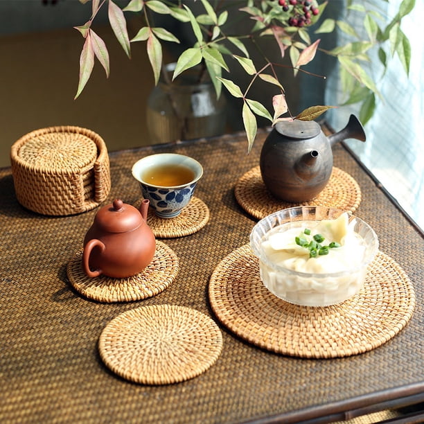 Juego de posavasos de ratán vietnamita hecho a mano, posavasos de ratán otoñal, tapete aislante térmico, accesorios de madera para guardar té