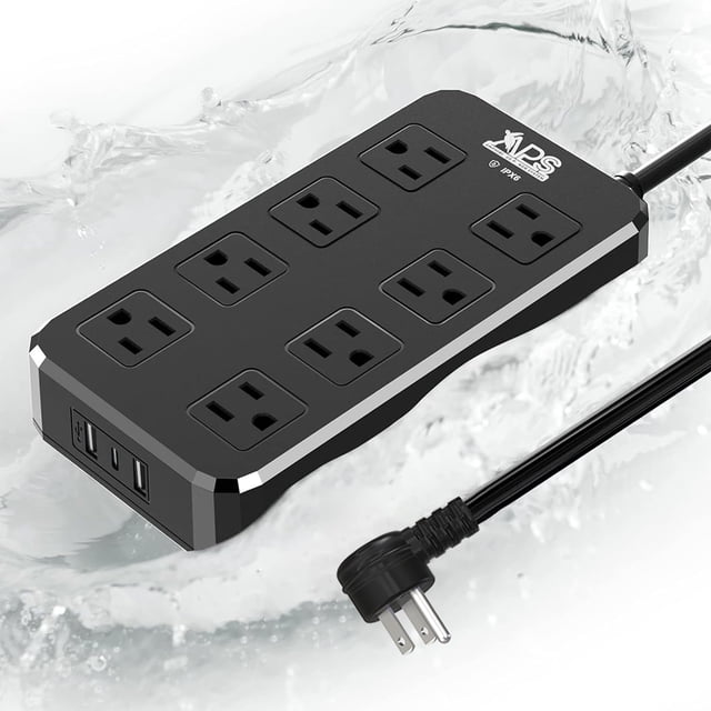 Power Strip APS de 8 salidas, 6 pies, con 3 USB (1 USB C), resistente al agua, color negro