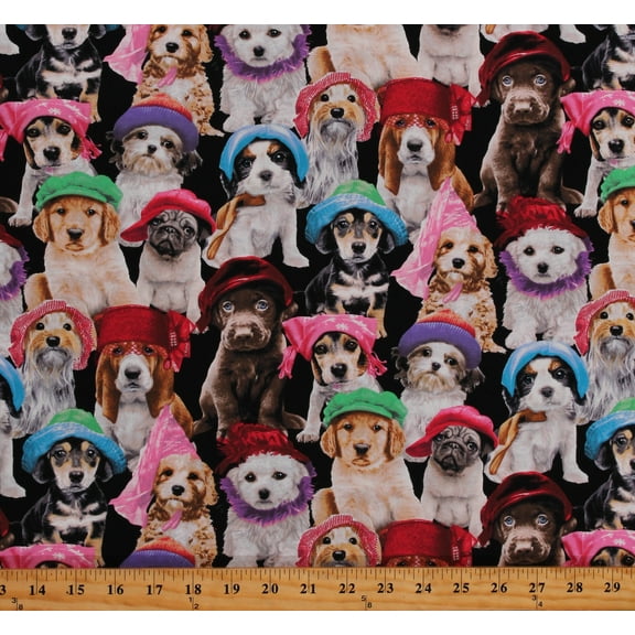 Cotton Dogs Puppies Animals Hats Winter Multicolor Cotton Fabric Print by the Yard (3801BLACK)