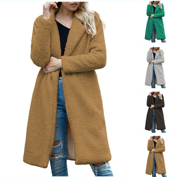 Flannel Jackets for Womens Winter Fashion Plus Size Solid Color Pocket Woollen Coat Recreational Long Sleeve