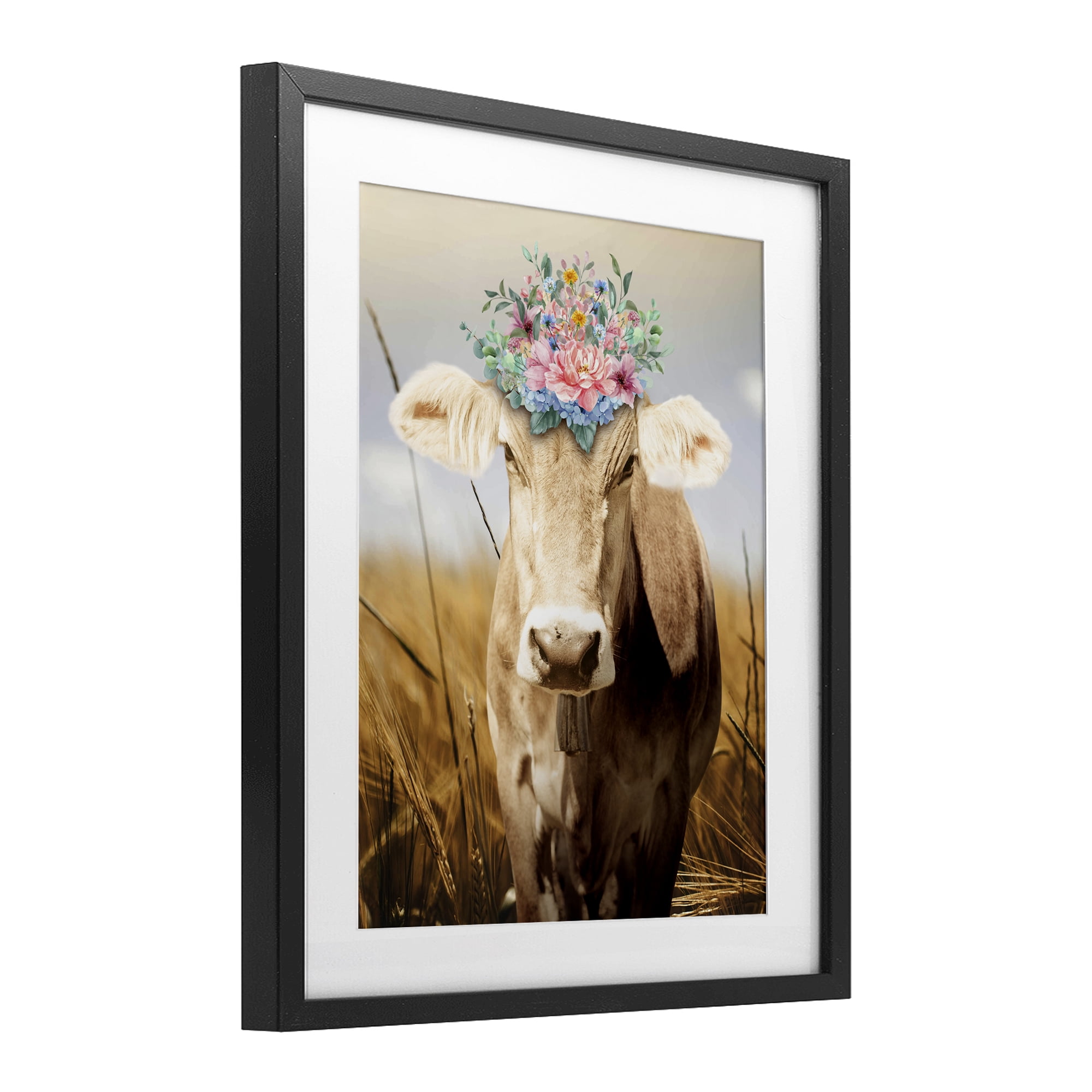 Stupell Industries Chatty Belle Cow with Florals Black Framed Print Under Glass, design by Marcus Prime