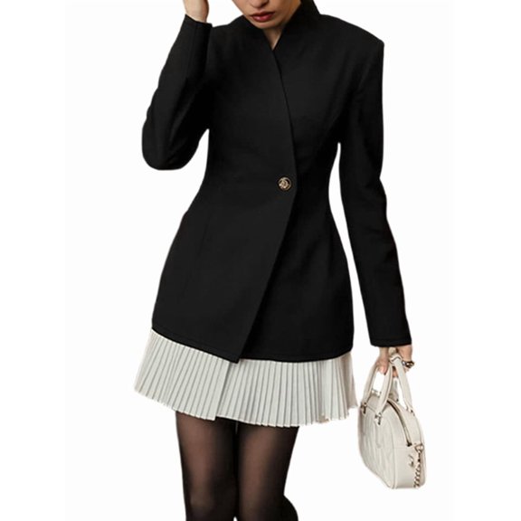 Elegant Women'S Black Slim-Fit Blazer with Pleated Tulle Hem for Versatile Styling L