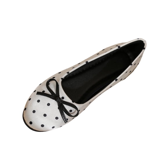 Gpaecead Women's Polka Dot Bow Ballet Flats Round Toe Slip On Shoes with Cushioned Insole Non Slip Sole for Casual White