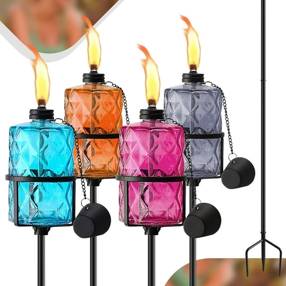 4 Pack Blue Glass Garden Torch,60-Inch Outdoor Torch Garden Décor, Upgraded 12 oz Citronella Torches with 3-Prong Grounded Stake,Metal Light Torches for Party Patio Pathway