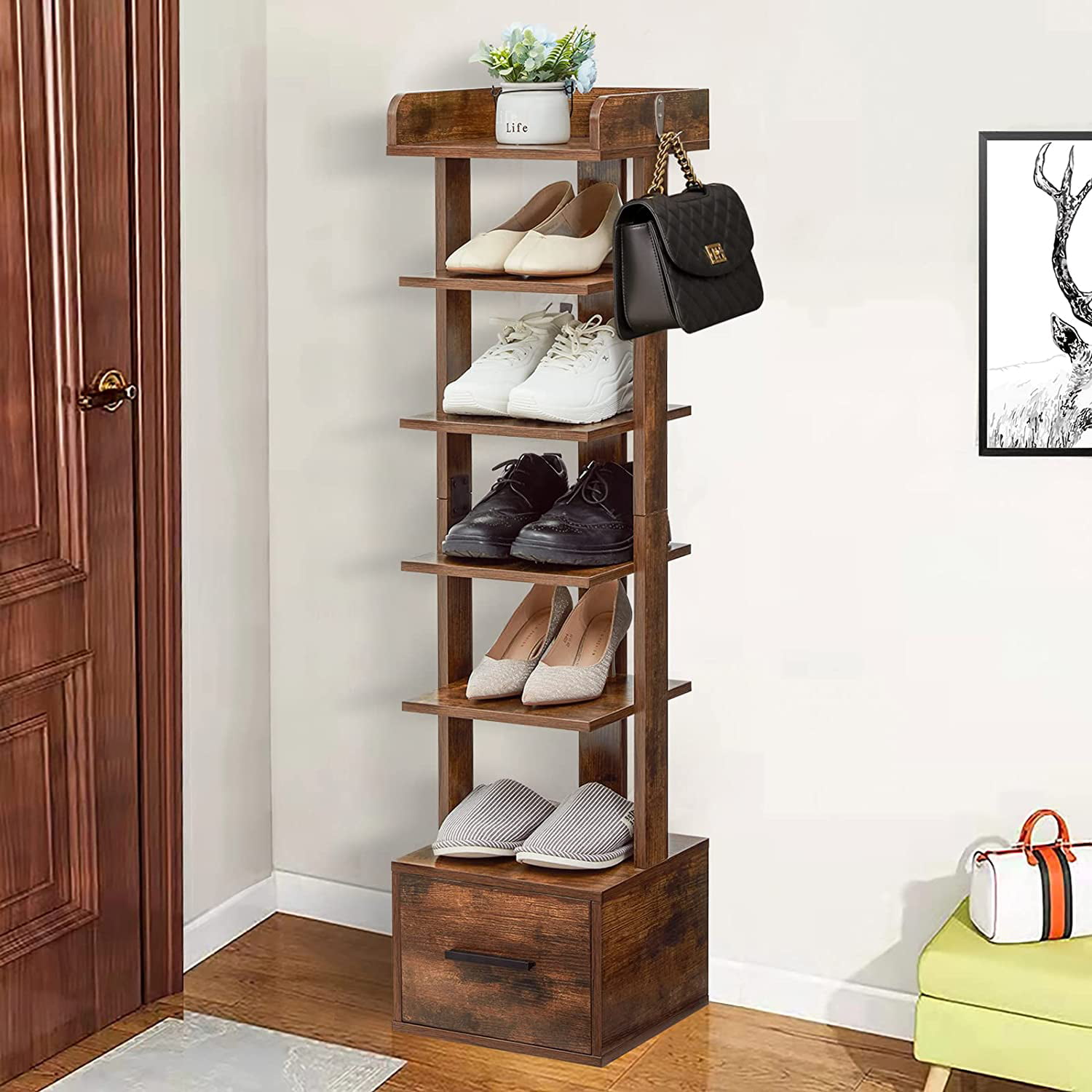 Large 6-Tier Vertical Shoe Rack, Wooden Shoe Racks with Bottom Drawer and  Side Hooks, Tall Shoe Rack Organizer Double Shoes Storage Stand, Shoe Tower  for Entryway, Hallway, Rustic Brown 