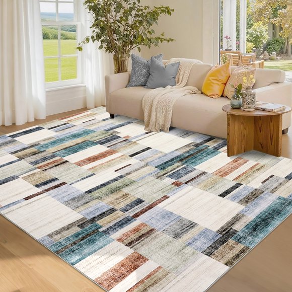 GlowSol Tapis Moderne Géométrique 5 Pieds X 7 Pieds à Poils Courts Doux Antidérapant, Tapis d'Accent Style Ferme Pliable pour Salle à Manger et Bureau à Domicile, Multicolore