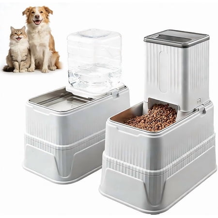 Elevated Automatic Pet Feeder & Water Dispenser, 128 Fl Oz/1 Gallon Water & 4.4lb Food Capacity, Stainless Steel Bowl, 2-Level Height Adjustable, Neck Protection for Small/Medium Dogs,Anti-Choking