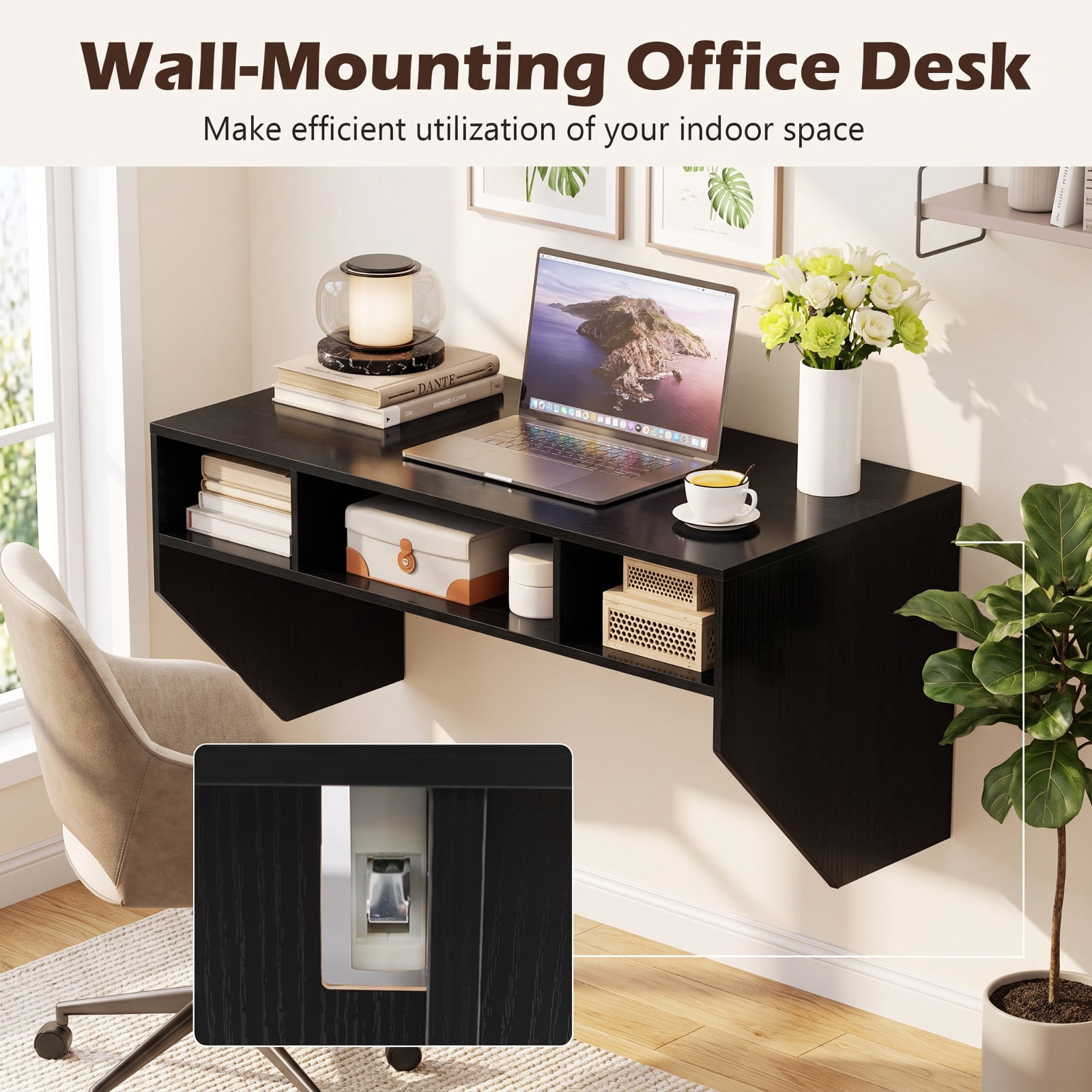 Furnibear Wall-Mounted Computer Desk Floating Laptop Desk with 3 Storage Compartments for Home Office Study Computer Writing Workstation, Black