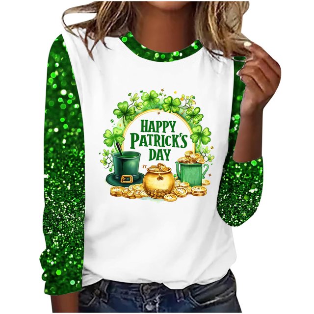 Staron Soldes Chemises pour Femmes St Patricks Day Col Rond Tunique Trèfle Irlandais Boho Fluide Basique Graphique Manches Longues Blouses Coupe Ample Manches Trois-Quarts