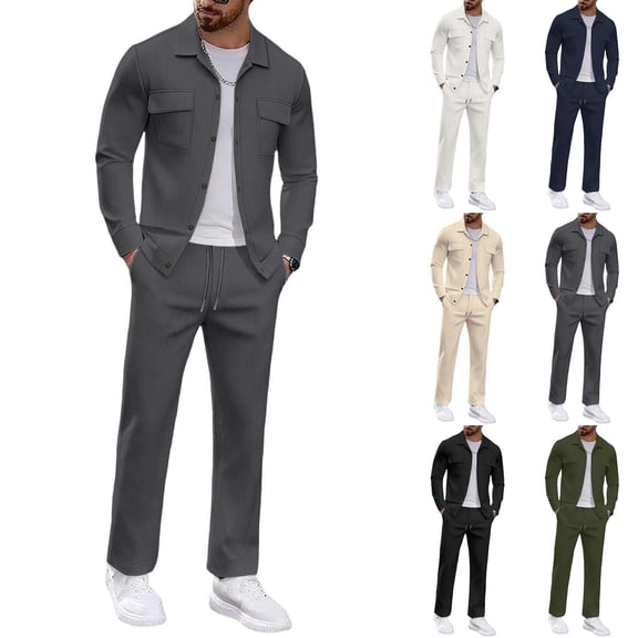Miqool Mens 2 Piece Corduroy Outfits Lapel Button Up Shirt Elastic Waist Long Pants Matching Set Casual Shirt and Pants Set S‑3XL