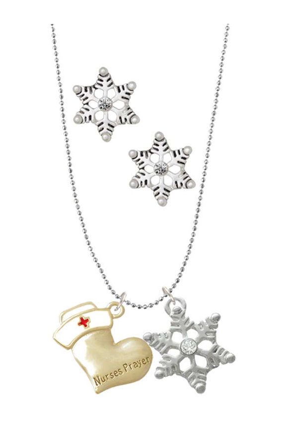 Two-tone Nurse's Prayer Heart - Healing Hand Silver tone Snowflake Charm Necklace and Stud Earrings