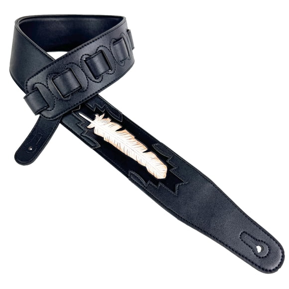 Walker & Williams CVG-115 Black Leather Padded Guitar Strap Hand Tooled Feather For Acoustic, Electric, And Bass Guitars, Black,