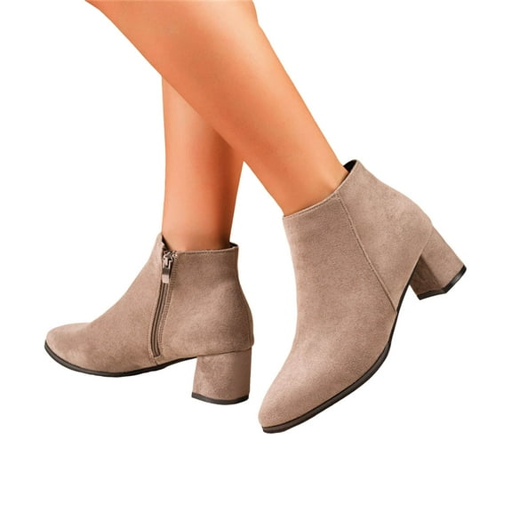 Women's Pointed Toe Suede Ankle Boots Chunky Heel Non Slip Dress Shoes Slip On Wide Width Fall Boots with Side Zipper Brown Size 8