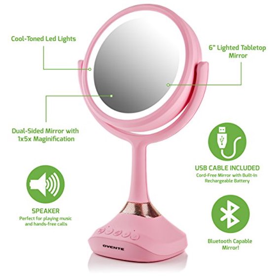 Ovente 6 Lighted Tabletop Makeup Mirror With Bluetooth Audio And Speakerphone Rechargeable Battery Operated Usb Cable Included 1x 5x
