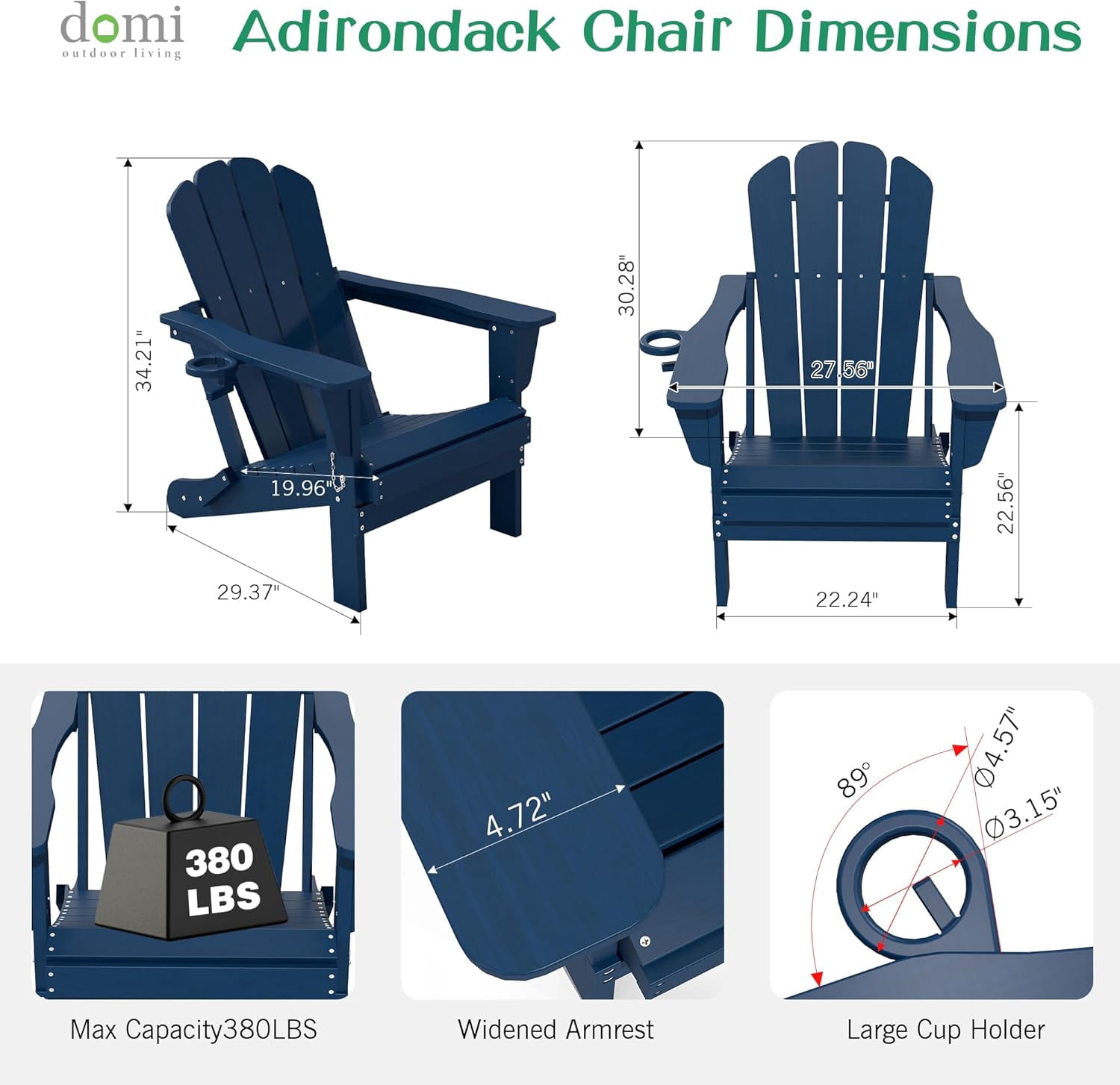 Domi Outdoor Living Folding Adirondack Chair Set of 8, All-Weather HDPE Patio Chair with Cup Holder, Weather-Resistant Fire Pit Seating for Backyard, Deck, Garden & Poolside, Blue