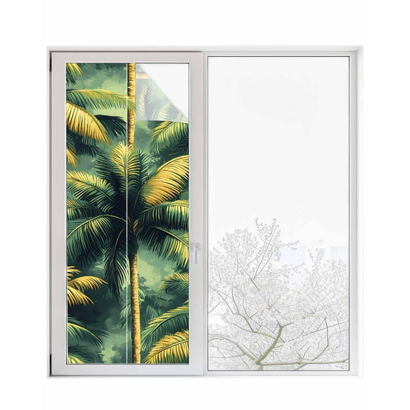 Window Privacy Film Palm Trees Stained Glass Window Film Decorative Sun Block Window Cover Summer Green Nature Forest Scenery Window Clings Static Adhesive Sticker for Bathroom 23.6"x59"