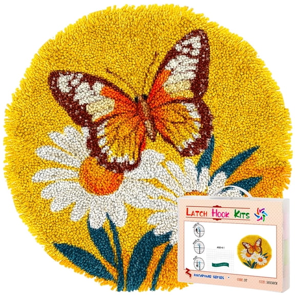 Latch Hook Rug Kit Butterfly on Daisy Flower Stamped Handmade Round Shape Carpet Crochet Yarn Craft DIY Hook and Latch Door Mat Tapestry for Home Floor Decor 50x50cm(6)