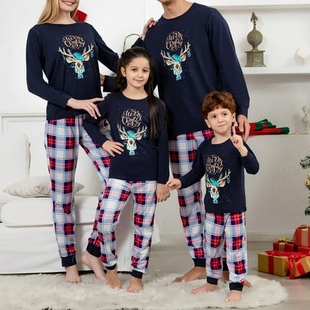 

Matching Family Pajamas Sets Christmas PJ s Cartoon Elk Head Print Top and Plaid Pants Jammies Sleepwear