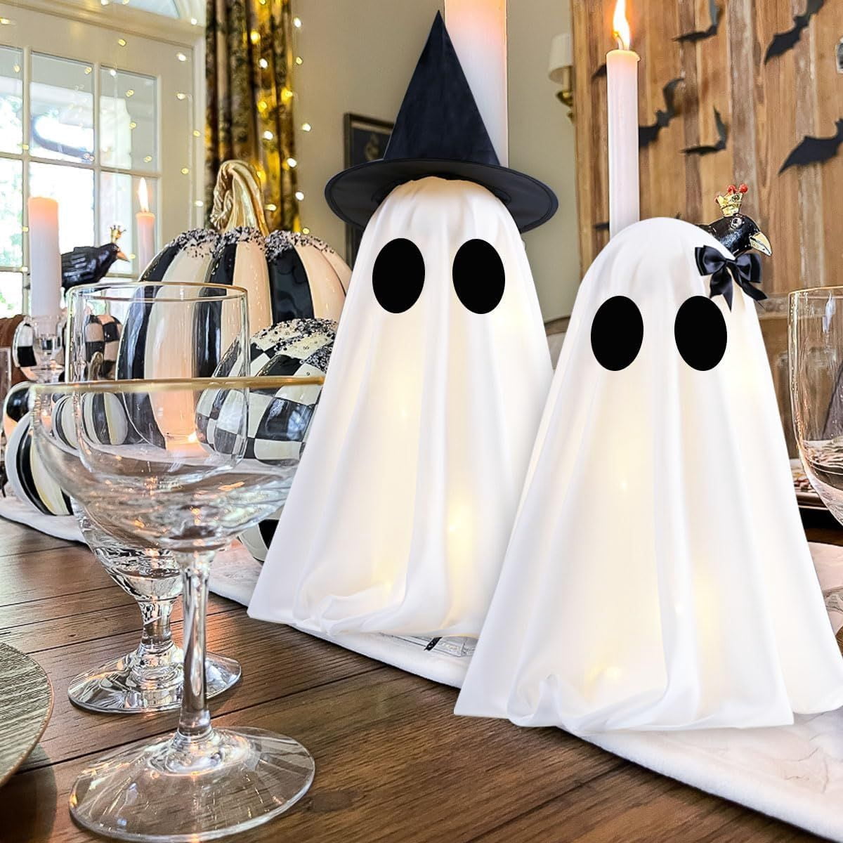 2 Pack Light Up Ghost Decorations with Timer Male Female for Halloween