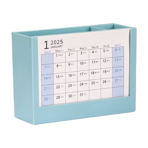 Portalápices dos en uno con calendario de escritorio 2025, portalápices multifuncional con calendario mensual, caja de almacenamiento, elegante portalápices, calendario, marco de fotos.