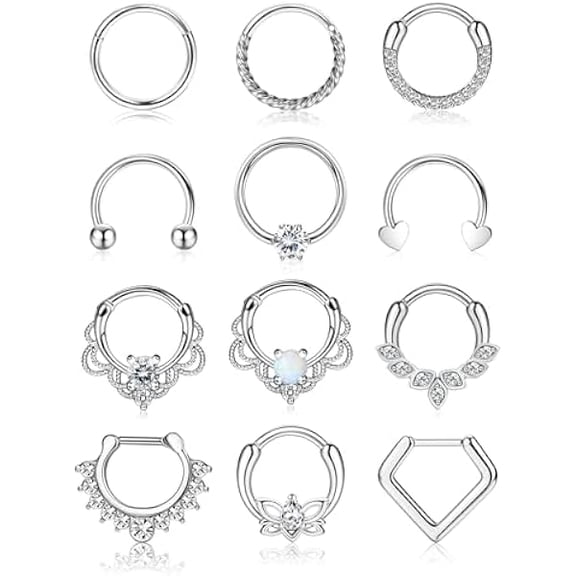 ZLC 12pcs 16G Septum Rings for Women Men Hypoallergenic Surgical Steel Nose Piercings Jewelry Clicker Hinged Tragus Hoop Earrings CZ Love Nose Ring 8-10mm