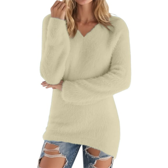 Yigetop Fuzzy Sweater for Women, Women's Fashionable Long Sleeve Pullovers Loose Fuzzy Jumper Sweater Fleece Pullover Women Beige L