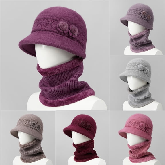 Qwertyu Beanie and Scarf Set for Women Winter Warm Knit Hat with Brim and Neck Warmer 2 Piece Set Purple