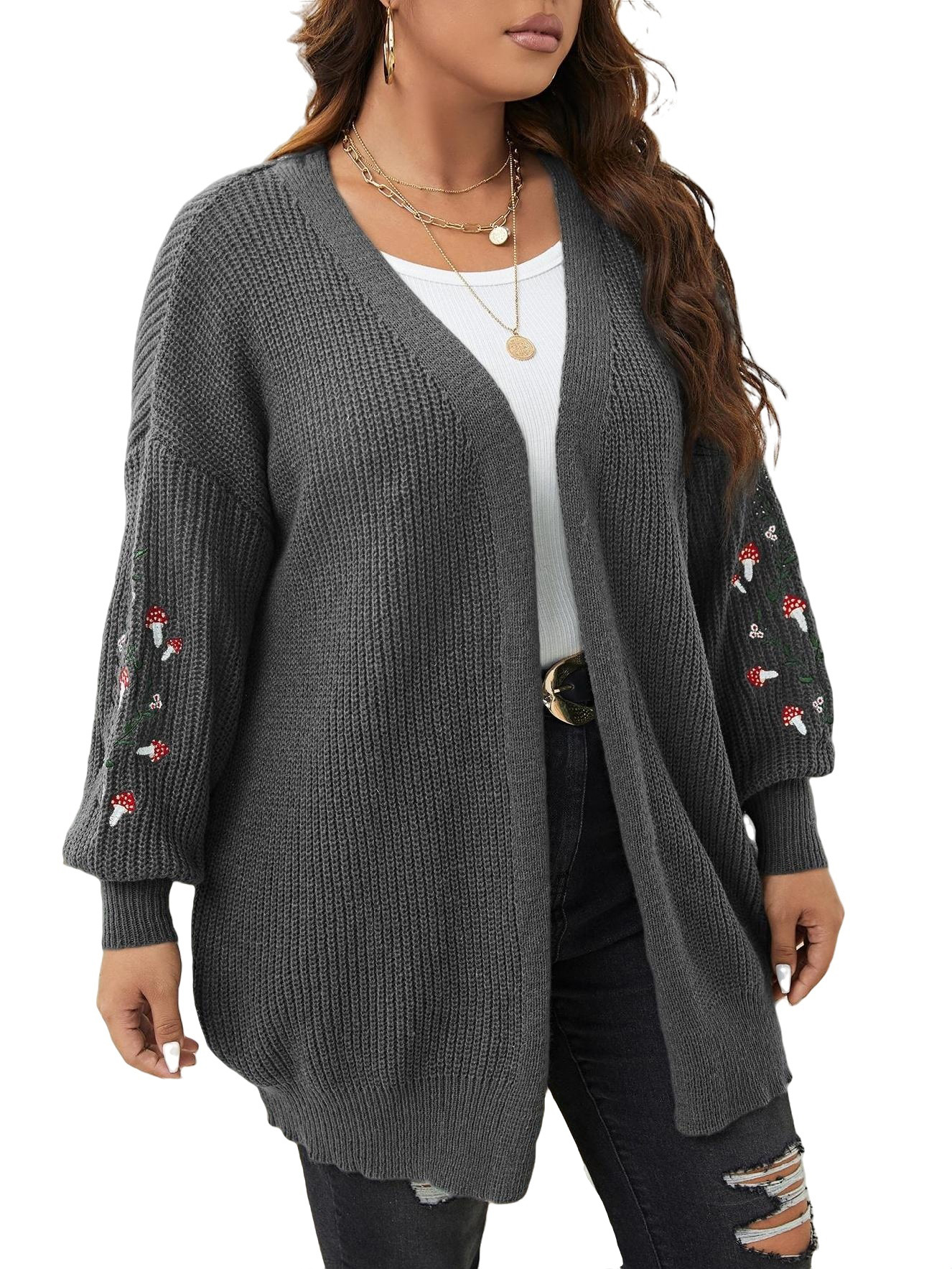 Casual Floral Mushroom Cardigan Long Sleeve Dark Grey Plus Size ...