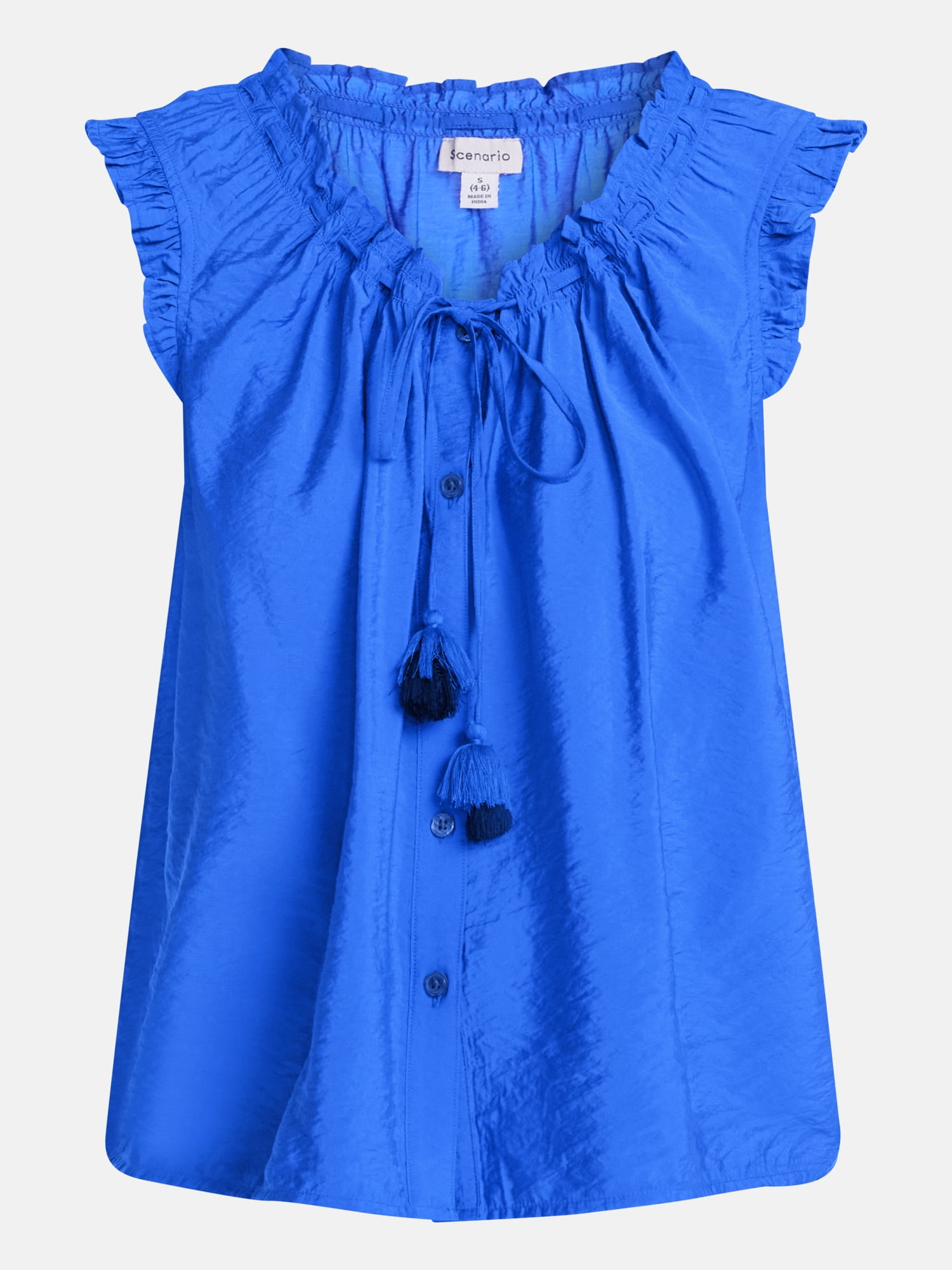 Scenario Women's and Women's Plus Ruffle Neck Tank Top with Tie Front, Sizes XS-4X