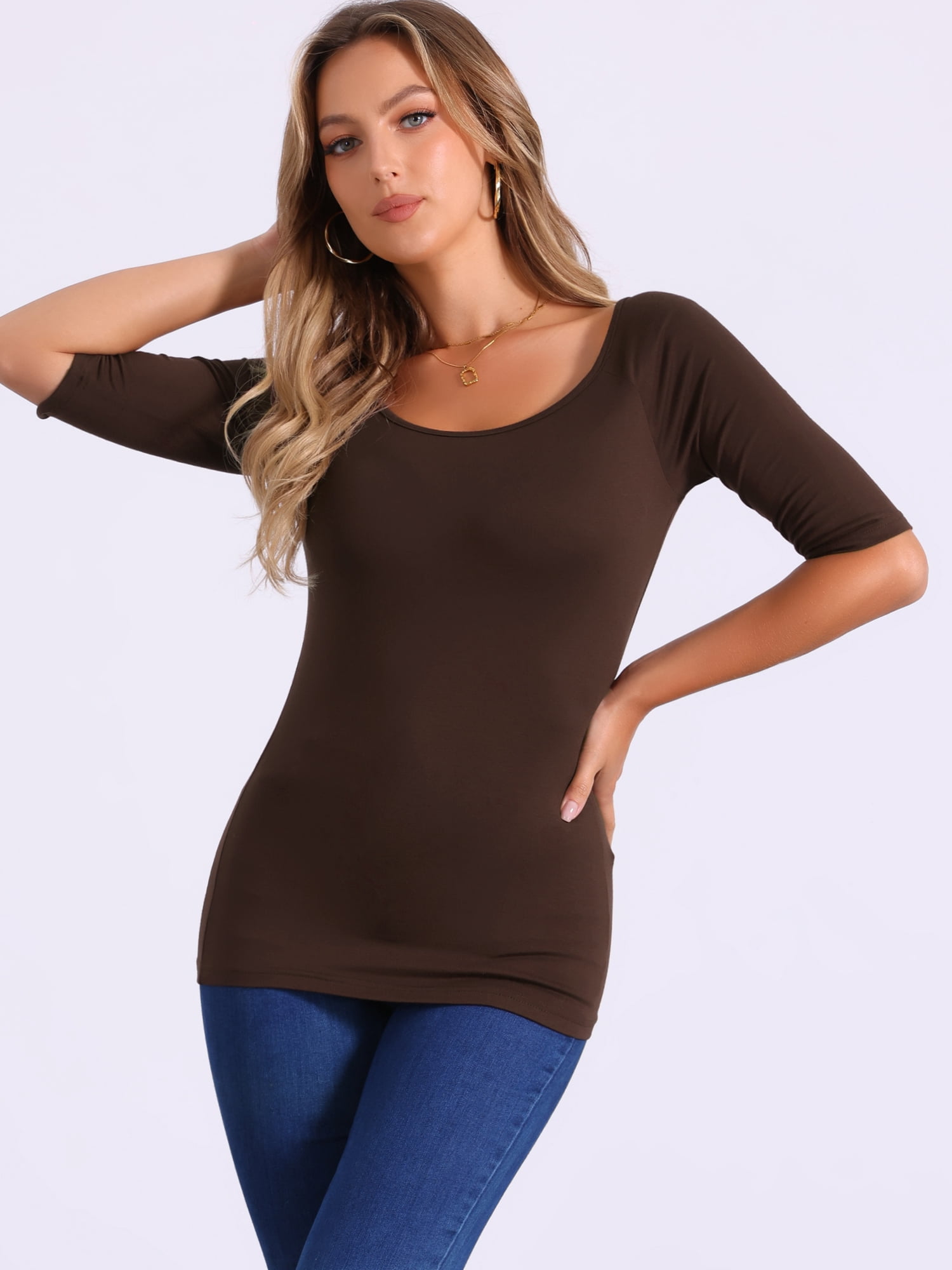 DARING DIVA Women's Slim Fit Pullover Boat Neck Stretchable T-Shirt S Coffee Brown