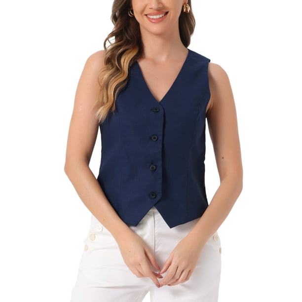 Chaleco sin mangas de botón, cuello en V, crop, para mujer Inspire Chic, azul profundo, XL