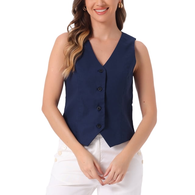 Chaleco sin mangas de botón, cuello en V, crop, para mujer Inspire Chic, azul profundo, XL