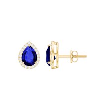 Rosec Jewels Lab Grown Blue Sapphire Teardrop Stud Earrings for Women with Diamond, 10K Yellow Gold