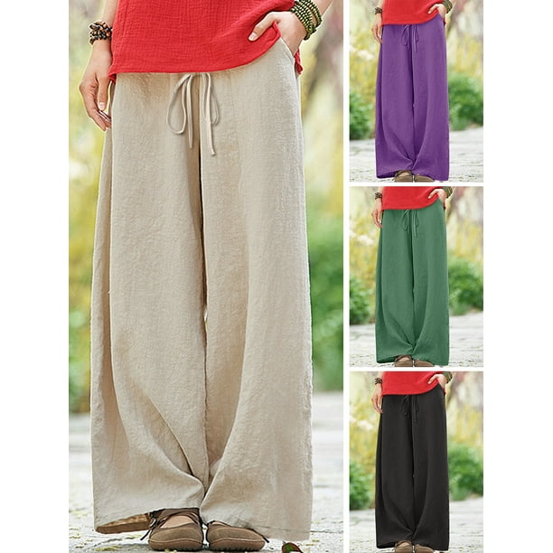 Cotton Linen Wide Leg Pants for Women Elastic High Waisted Palazzo Pants  Solid Color Casual Loose Pants with Pockets 