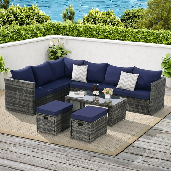 6-Piece Outdoor Patio Furniture Set, All Weather Wicker Rattan Outdoor Sofa Conversation Set with Glass Table, Cushions and Pillows, for Lawn, Backyard (Dark Blue)