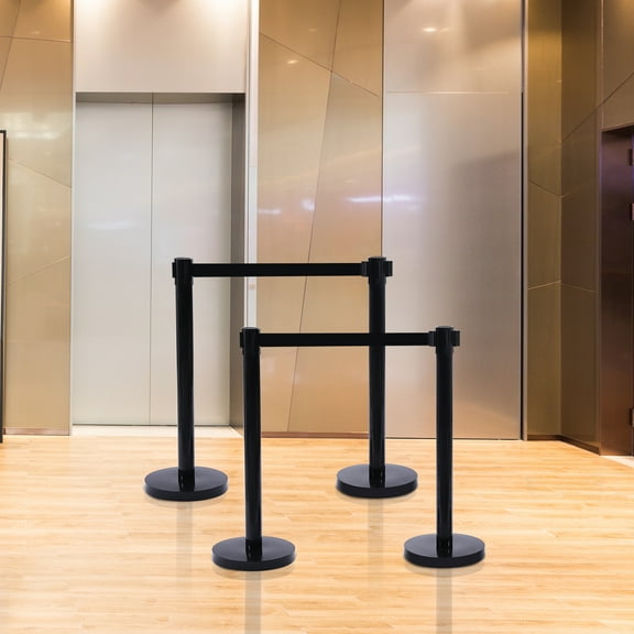 Crowd Control Stanchion Set, 4-Piece 35.4in Steel Posts with 6.6ft Black Belts, Easy Connect Assembly for Theaters/Hotels