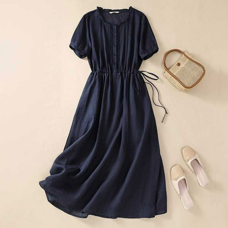 wo-fusoul Women Bohemian Cotton Linen Dresses Short Sleeve Maxi Long Dress  Plain Classic Dresses Trendy Boho Dresses with Belt Navy XL - Walmart.com