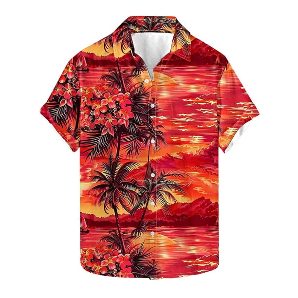 Camisas Hawaianas de Manga Corta de Algodón de Moda Casual Floral Estampado de la Camisa de Solapa, Poliéster