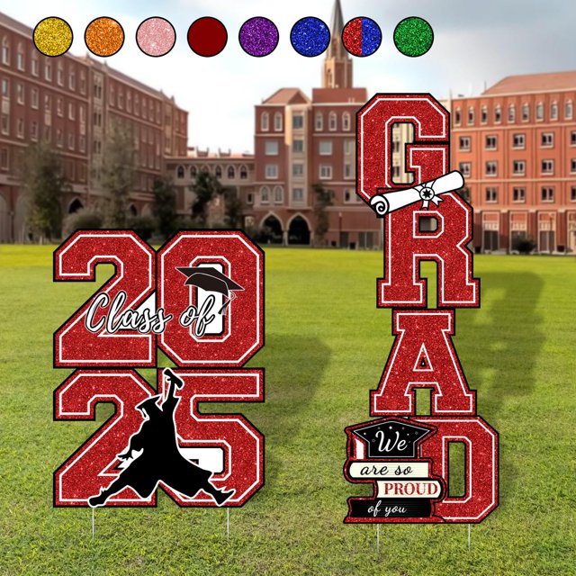 SHIBA-Graduation Yard Signs Class of 2025 Red and Black Graduation Decorations - 4 PCS Large Size Waterproof Glittering Congrats Grad Lawn Decor with Stakes - High School College Graduation Party Sup