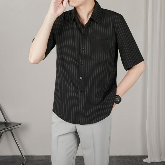 COSFO Short Sleeve Mens Summer Shirts Button Down Collared Casual Tops Business Regular Fit Striped with Pocket Mens Shirt