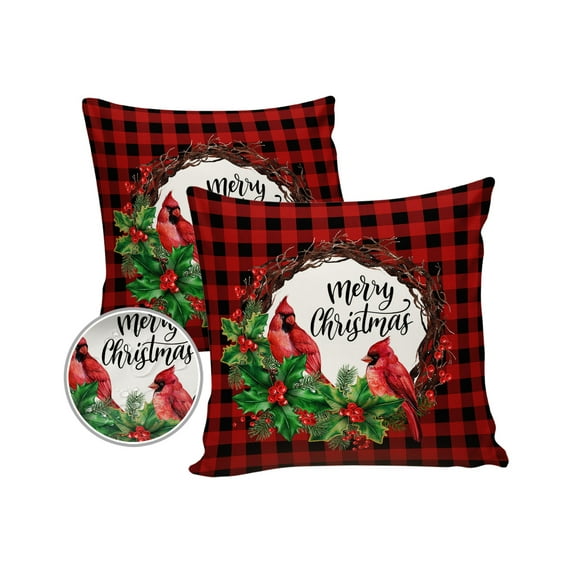 Pack of 2 Outdoor Pillow Covers, Christmas Farm Bird Flower Vintage Red Black Plaid Waterproof Square Throw Pillowcase Cushion Decorative Pillow Covers for Couch Patio Tent, 16x16 in