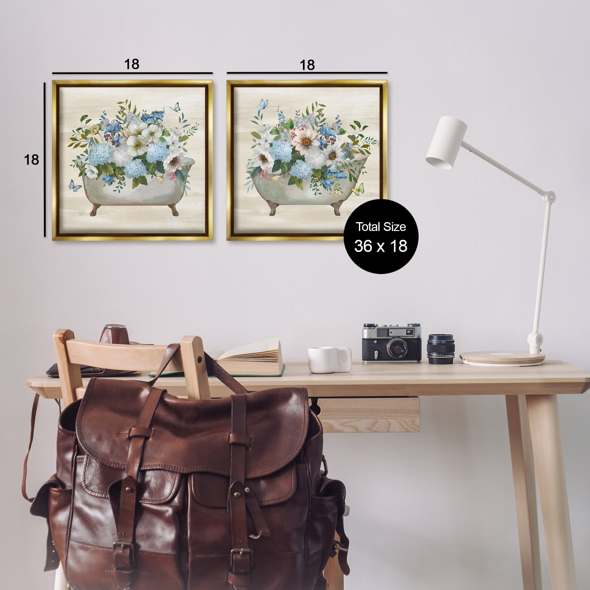 Stupell Industries Butterfly Hydrangea Bathtub Bath & Laundry Painting Gold Floater Framed Canvas Art Print Wall Art, 18 x 18, Set of 2