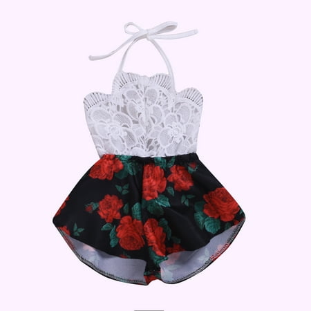 

Summer 0-3Y Infant Baby Girl Romper Sleeveless Belt Lace Flowers Print Jumpsuit Sunsuit Outfits Clothes