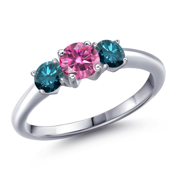 Gem Stone King 925 Sterling Silver Pink Moissanite and Blue Diamond Engagement Ring for Women | 1.04 Cttw | Round 5MM | Gemstone Birthstone | Size 8