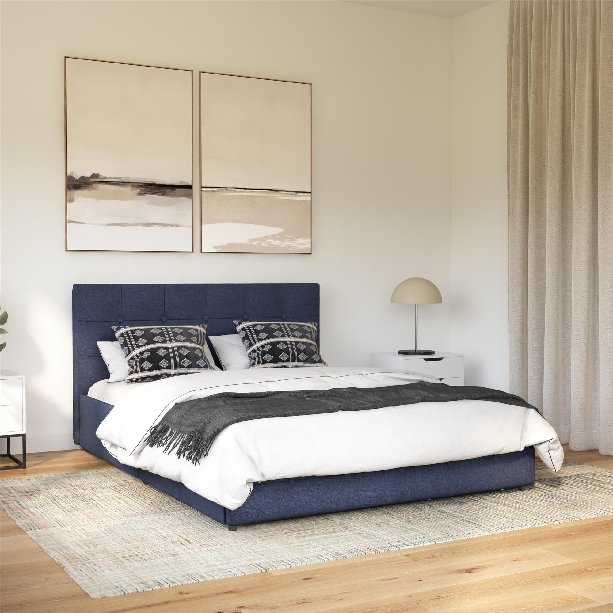 DHP Rose Tufted Upholstered Storage Bed Frame, Queen, Blue Linen