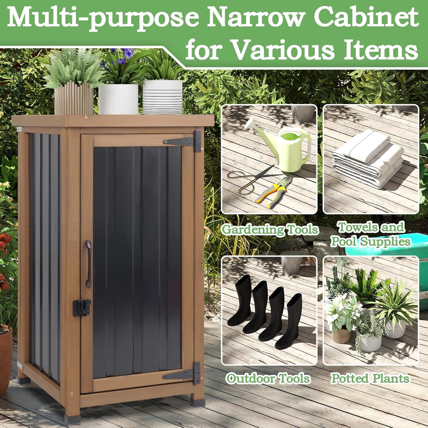 Outdoor Storage Cabinet Waterproof with Metal Top, Wooden Table Tool Organizer with Adjustable Shelf for Patio Backyard Garden