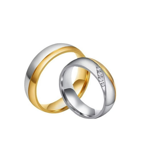 PAMTIER Unisex Stainless Steel Simple Elegant 6MM 2 Colors Put Together Matte Brushed Couple Ring with Crystal Zircon Promise Wedding Band Size 9