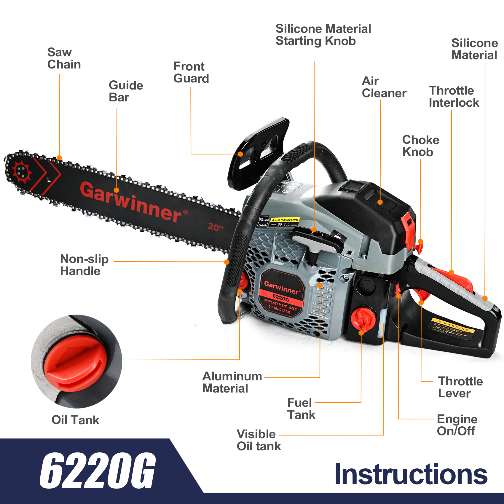 Garwinner Gas Chainsaw 20'' 2-Stroke 62CC Cordless Chainsaw 6220G for Farm, Garden and Ranch for Cutting Wood - image 4 of 7